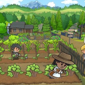 Ilustracja w stylu kreskówkowym przedstawiająca farmę w zielonej, górskiej okolicy. Na pierwszym planie postać w słomkowym kapeluszu podlewa rośliny w grządkach warzywnych, obok widać inne osoby pracujące przy uprawach i ogrodzeniu. W tle znajdują się drewniane domki, płot, kwiaty oraz las i góry pod jasnym niebem.