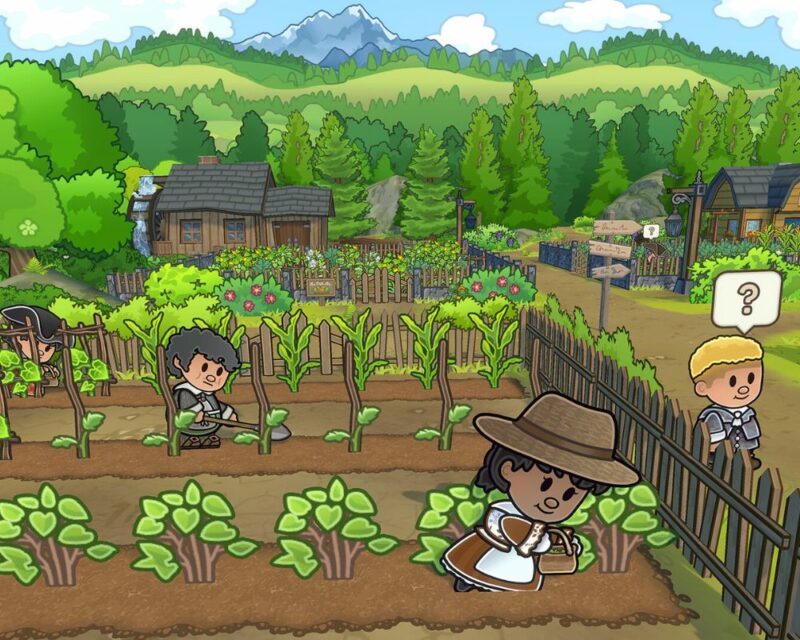 Ilustracja w stylu kreskówkowym przedstawiająca farmę w zielonej, górskiej okolicy. Na pierwszym planie postać w słomkowym kapeluszu podlewa rośliny w grządkach warzywnych, obok widać inne osoby pracujące przy uprawach i ogrodzeniu. W tle znajdują się drewniane domki, płot, kwiaty oraz las i góry pod jasnym niebem.