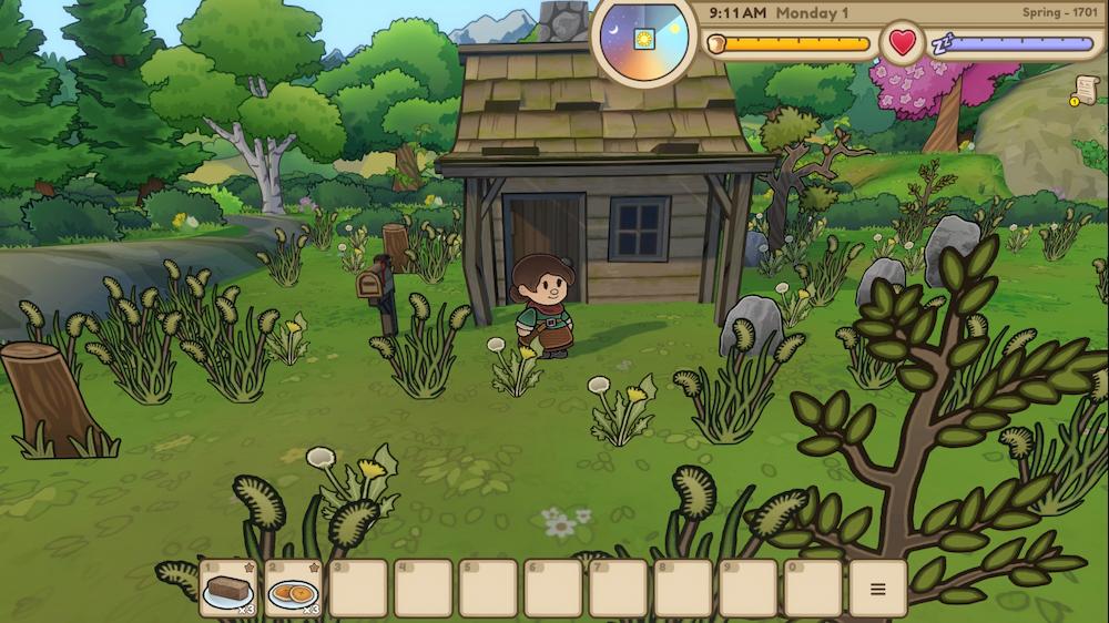 Zrzut ekranu z gry w stylu kreskówkowym przedstawiający małą drewnianą chatę otoczoną dziką roślinnością. Na trawie stoi postać gracza przed wejściem do domu, obok widoczna jest skrzynka pocztowa i kamienie. W tle znajdują się drzewa, wzgórza oraz kwitnące drzewo. U góry ekranu widoczny jest interfejs gry z godziną (9:11 AM), dniem tygodnia, porą roku (wiosna) oraz paskami energii i zdrowia, a na dole pasek ekwipunku.