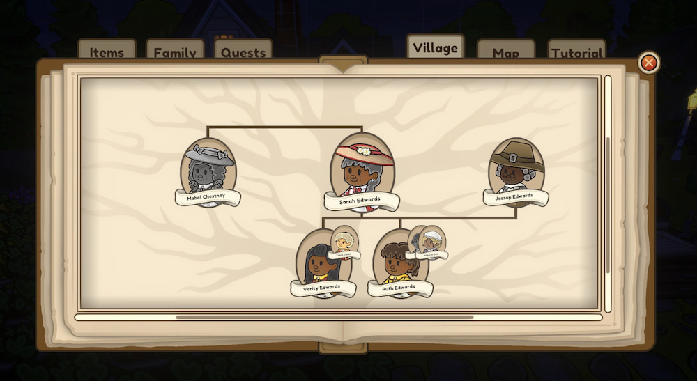 Zrzut ekranu z gry przedstawiający zakładkę „Family” z drzewem genealogicznym. Na otwartej księdze widoczne są portrety kilku postaci połączonych liniami, wskazującymi relacje rodzinne między nimi. Nad drzewem znajdują się zakładki menu, m.in. Items, Family, Quests, Village, Map i Tutorial. Tło gry jest przyciemnione, co podkreśla aktywne okno z historią rodziny.