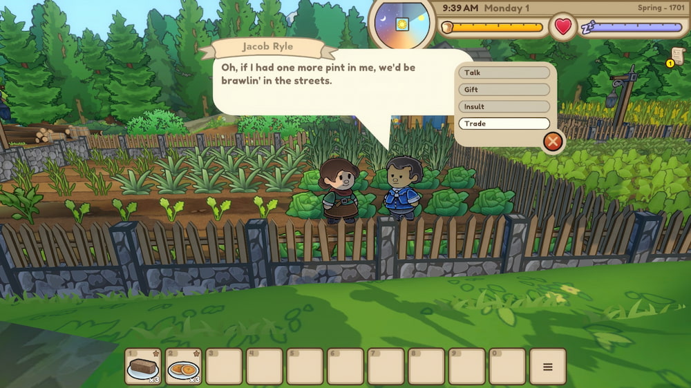 Zrzut ekranu z gry w stylu kreskówkowym przedstawiający rozmowę dwóch postaci stojących przy drewnianym ogrodzeniu obok grządek warzywnych. Nad jednym z bohaterów widoczny jest dymek dialogowy z tekstem w języku angielskim. Po prawej stronie ekranu znajduje się menu interakcji z opcjami rozmowy, wręczenia prezentu, obrażenia lub handlu. U góry widoczny jest interfejs gry z godziną (9:39 AM), dniem tygodnia oraz paskami energii i nastroju, a na dole pasek ekwipunku.
