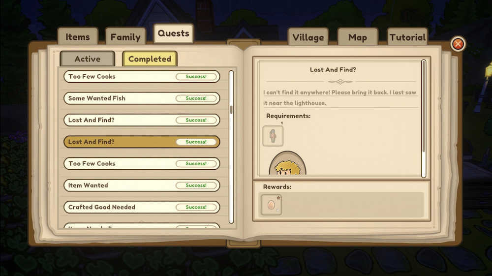 Zrzut ekranu z gry przedstawiający zakładkę „Quests” z otwartą listą ukończonych zadań. Po lewej stronie widoczna jest lista questów oznaczonych jako „Success!”, a po prawej szczegóły wybranego zadania „Lost And Find?”, zawierające opis, wymagania oraz nagrody. Interfejs ma formę otwartej księgi, a tło gry jest przyciemnione.