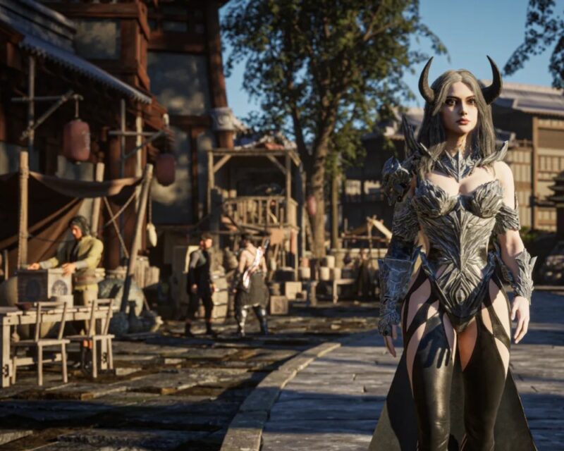 Postać Nekromantki na tle targowiska miejskiego w pogodny dzień. Szczupła kobieta o jasnej skórze i brązowych włosach patrzy w dal. Na głowie ma rogi, ubrana jest w organicznie wyglądający gorset, karwasze i naramienniki