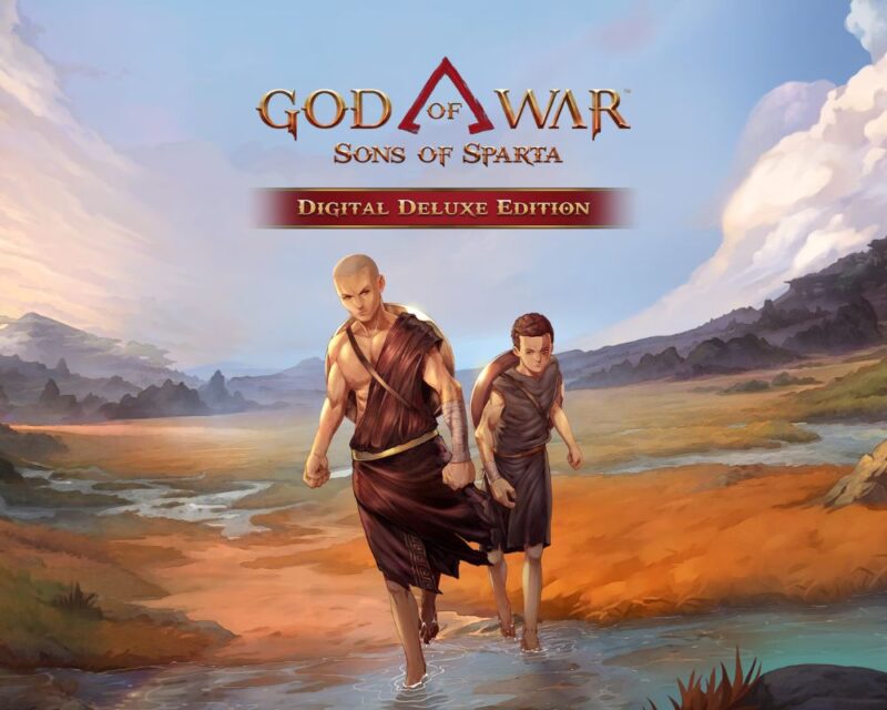 Młody Kratos i jego brat Deimos idą przez płytką rzekę w antycznym, górzystym krajobrazie. Nad nimi widnieje logo „God of War: Sons of Sparta” na tle jasnego nieba i rozległej, surowej scenerii inspirowanej starożytną Spartą.