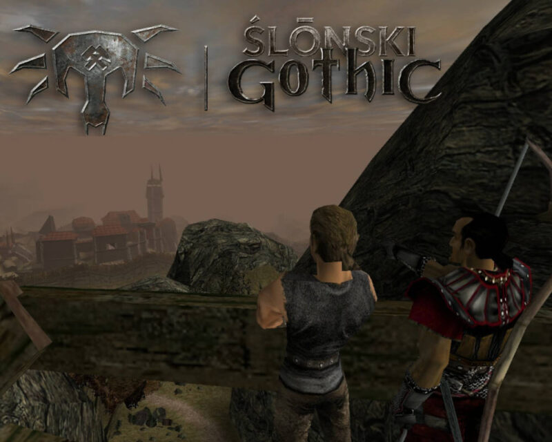 Pierwszy plan i postacie Widzimy dwie postacie znane z gry Gothic, patrzące w stronę Starego Obozu. Po lewej stoi Bezimienny (główny bohater) w podstawowym stroju skazańca. Po prawej znajduje się Diego, jeden z najważniejszych bohaterów niezależnych, ubrany w swój charakterystyczny czerwony pancerz cienia. Napisy i symbole W górnej części widnieje napis: „ŚLŌNSKI Gothic”. Słowo „Ślōnski” jest zapisane z użyciem litery „ō”, co nawiązuje do śląskiej godki. Po lewej stronie napisu znajduje się zmodyfikowane logo gry. Zamiast standardowego symbolu, wewnątrz „maski” umieszczono perlik i żelazo (skrzyżowane młotki), czyli tradycyjne godło górnicze. Tło i sceneria Postacie stoją na drewnianym pomoście lub punkcie widokowym, spoglądając na dolinę. W oddali majaczy Stary Obóz z charakterystyczną wieżą zamkową. Całość utrzymana jest w surowej, szaro-brązowej kolorystyce, która oddaje klimat pierwszej części gry z 2001 roku.