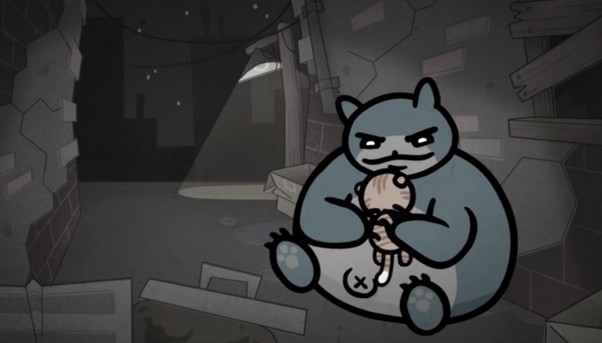Rysunkowa ilustracja z gry Mewgenics przedstawiająca wielkiego, niebiesko-szarego kota o groźnym spojrzeniu, który siedzi w ciemnej uliczce i trzyma w łapach małego, pręgowanego kotka. Scena rozgrywa się w nocy, pod pojedynczą latarnią rzucającą snop światła na postacie. Tło stanowią zniszczone ceglane mury, deski i śmieci, co podkreśla miejski, nieco brudny klimat produkcji.