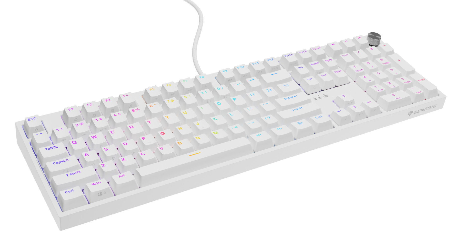 Na zdjęciu widać nowoczesną, pełnowymiarową klawiaturę mechaniczną w kolorze białym, utrzymaną w minimalistycznej i eleganckiej stylistyce. Urządzenie posiada standardowy układ klawiszy wraz z sekcją numeryczną, a w prawym górnym rogu wyróżnia się metalowe, srebrne pokrętło służące prawdopodobnie do regulacji głośności. Klawisze są podświetlane subtelnymi, pastelowymi kolorami tęczy (różem, fioletem, błękitem i żółcią), co nadaje całości gamingowego, ale estetycznego charakteru. Obudowa jest smukła i matowa, a w dolnym prawym rogu widnieje szare logo marki „GENESIS”. Z klawiatury wychodzi biały, pleciony kabel zasilający, pasujący do ogólnej kolorystyki sprzętu.
