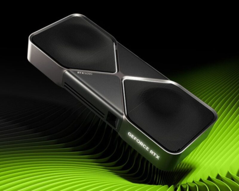 Karta graficzna NVIDIA GeForce RTX 5090 – render z podświetlanym logo na zielonym, falistym tle.