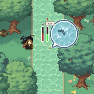 Scena z gry Little Witch in the Woods – młoda czarownica stoi nad leśnym strumieniem i łowi wodne stworzenie w minigrze wymagającej szybkiego wciskania przycisków; wokół gęsty las, drzewa i roślinność, całość w stylu pikselowej grafiki.