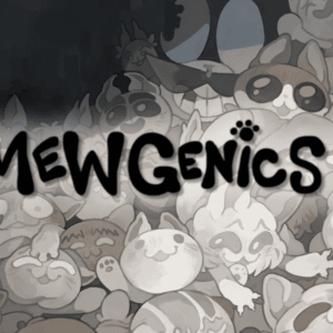 Czarny, stylizowany napis „MEWGENICS!” z odciskiem łapy nad literą „i” na tle gęstego kłębowiska rysunkowych kotów. Ilustracja jest utrzymana w odcieniach szarości i przedstawia koty o różnych wyrazach pyszczków w komiksowym stylu.