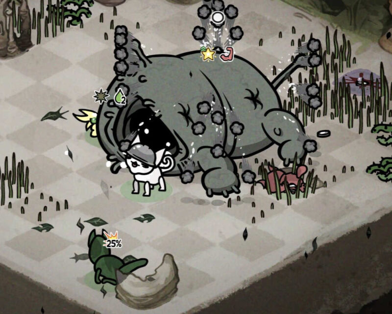 Na obrazku widzimy białego kota w metalowej, wojskowej czapce. Za nim znajduje się ogromny potwór, który zamiast głowy ma otwór. Kotek stoi na podłożu w kratkę. Dookoła znajdują się kawałki trawy, inni mniejsi przeciwnicy, a także elementy UI takie jak zebrane przedmioty.