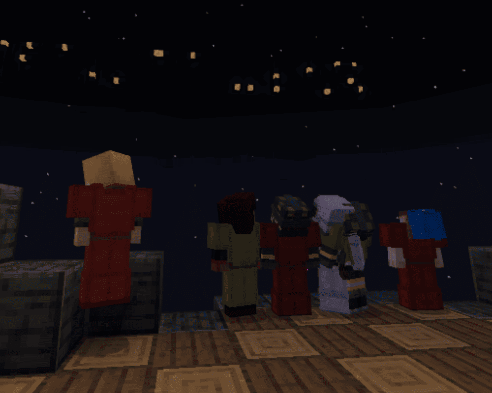 Pięć postaci z gry Minecraft stojących na drewnianym pomoście w nocy, patrzących w gwieździste niebo. Postacie mają pancerze w kolorach czerwonym i zielonym. Nad nimi na niebie widać lampiony emitujące mocniej świecące gwiazdy.