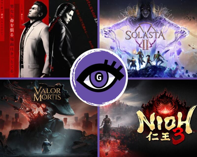 Kolaż grafik promocyjnych gier RPG: w czterech częściach widoczne są okładki tytułów — u góry po lewej dwóch mężczyzn na czerwono-czarnym tle w stylu japońskim, u góry po prawej fantastyczna scena z napisem „Solasta II” i postaciami bohaterów, na dole po lewej mroczna ilustracja „Valor Mortis” z monumentalną postacią i cmentarzyskiem, a na dole po prawej ognista grafika „Nioh 3”. Pośrodku znajduje się okrągłe logo z okiem i literą „G”.