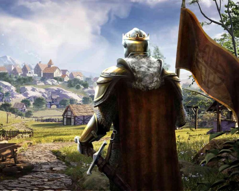 Na pierwszym planie widoczna jest postać rycerza ukazana od tyłu, ubrana w metalową zbroję i hełm z koroną, z brązowym płaszczem opadającym na plecy. W prawej dłoni trzyma miecz opuszczony wzdłuż ciała. Postać stoi na kamiennej drodze prowadzącej przez średniowieczną osadę. W tle widać drewniane i kamienne domy z dachami krytymi strzechą, ogrodzenia oraz zielone pola, a dalej wzgórza z kolejnymi zabudowaniami. Po prawej stronie kadru znajduje się fragment sztandaru zawieszonego na maszcie. Nad krajobrazem rozciąga się jasne, częściowo zachmurzone niebo. Grafika z gry Norland.