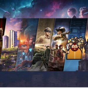 Grafika przedstawia kolaż okładek gier Paradox Interactive ułożonych pod kątem, ukazujących średniowiecznego władcę, żołnierzy, odkrywców, postacie futurystyczne oraz sceny miejskie i kosmiczne.