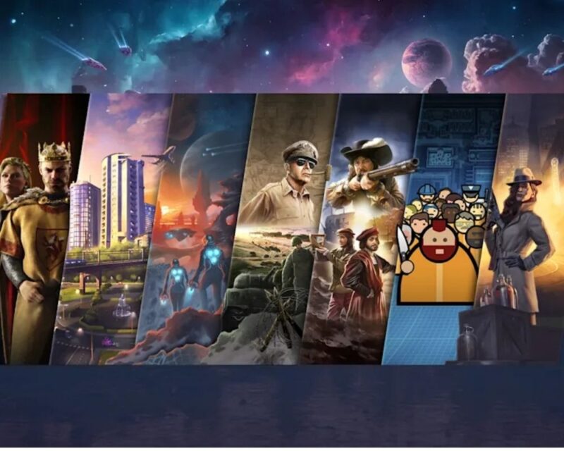 Grafika przedstawia kolaż okładek gier Paradox Interactive ułożonych pod kątem, ukazujących średniowiecznego władcę, żołnierzy, odkrywców, postacie futurystyczne oraz sceny miejskie i kosmiczne.