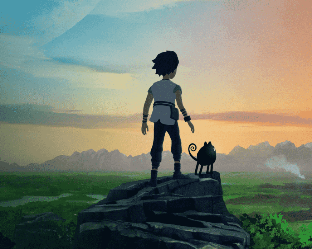 Postać dziecka widziana od tyłu, stojąca na skalnym wzniesieniu. Ma krótkie, ciemne włosy i ubraną jasną tunikę oraz ciemne spodnie. Obok niej stoi małe, czarne stworzenie o okrągłym kształcie i cienkim, zawiniętym ogonie. Przed nimi rozciąga się zielony krajobraz z niską roślinnością i odległymi górami. Na niebie widoczne są pastelowe kolory wschodu lub zachodu słońca. Grafika z gry Planet of Lana.