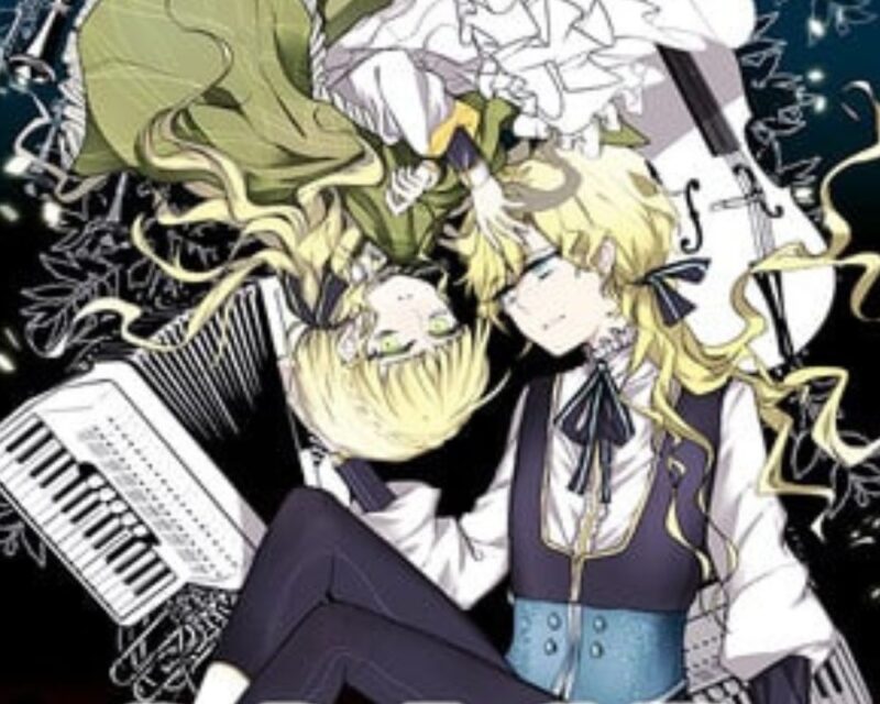 Ilustracja w stylu anime: dwie blond dziewczyny leżą naprzeciw siebie na ciemnym tle z motywami roślinnymi; jedna trzyma skrzypce, obok widać klawiaturę fortepianu.