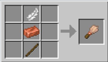 Zrzut ekranu z gry Minecraft przedstawiający interfejs wytwarzania stołu rzemieślniczego, w którym umieszczono przedmioty w odpowiedniej konfiguracji, żeby wytworzyć pędzel. W siatce o rozmiarze 3 na 3 kratki, środkowa kolumna od góry do dołu jest wypełniona przedmiotami: pióro, sztabka żelaza i patyk. Po prawej stronie od siatki strzałka wskazuje na efekt końcowy przepisu, brązowo-beżowy pędzel z miedzianym elementem po środku. 