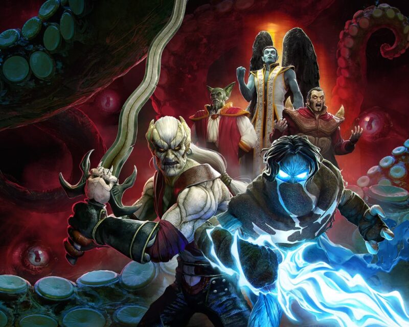 Grafika z gry Legacy of Kain: Defiance przedstawiająca na pierwszym planie głównych bohaterów serii: Raziela z niebieską energią oraz Kaina z mieczem Soul Reaver. Na drugim planie znajdują się Vorador, Mortanius oraz Janos Audron na tle czerwonych macek Elder God. Grafika prezenuje zapowiedź Legacy of Kain: Defiance Remastered