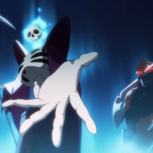 Na obrazku widać scenę w stylu anime/fantasy, utrzymaną w mrocznym, niebieskawym oświetleniu. Na pierwszym planie znajduje się tajemnicza postać przypominająca szkielet z elementami purpurowej szaty okrywającej kości rąk. Wyciąga rękę w stronę widza, jakby rzucała zaklęcie albo próbowała coś pochwycić. Świecąca czaszka unosi się nad korpusem. Postać trzyma też kostur w kształcie kosy. W tle stoi znacznie większa, opancerzona postać o masywnej sylwetce. Ma hełm i świecące na czerwono oczy, co nadaje jej groźny, złowrogi wygląd. Światło w tle jest intensywne, z silnymi kontrastami i aurą tajemniczej energii, jakby właśnie trwała magiczna konfrontacja. slay the spire 2 wczesny dostęp data premiery
