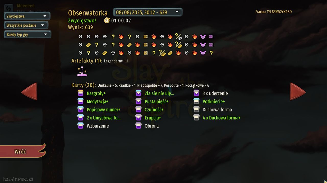 To jest ekran podsumowania zwycięskiego runu w Slay the Spire. Na górze widnieje postać Obserwatorka oraz informacja: Zwycięstwo! Czas: 01:00:02 Wynik: 639 Data i numer runu: 08/08/2025, 20:12 – 639 W prawym górnym rogu: ziarno gry (seed): 1YL85XW2YK4BD Pod wynikiem widać rząd ikon przedstawiających drogę przez akty, 1 legendarny artefakt (ikona różowej kałuży z błyszczącymi gwiazdkami) i podsumowanie 20 kart, z których składała się talia