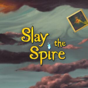 Na obrazku widać ilustrację w stylu malarskim, która wygląda jak ekran tytułowy gry. Na środku znajduje się duży, żółty napis „Slay the Spire” wykonany fantazyjną, lekko nieregularną czcionką. Litery są podświetlone i wyglądają jak ręcznie malowane. Nad słowem „Spire” unosi się mały, niebieski płomyk, który dodaje mistycznego klimatu. Tło przedstawia mroczne, burzowe niebo z wirującymi chmurami w odcieniach zieleni, szarości i fioletu. Po lewej stronie widać fragment wysokiej, ciemnej wieży lub kolumny, która sugeruje tytułową „iglicę” (spire). W prawym górnym rogu unosi się mała karta z rysunkiem dłoni trzymającej świecący symbol — nawiązuje to do motywu kart w grze.
