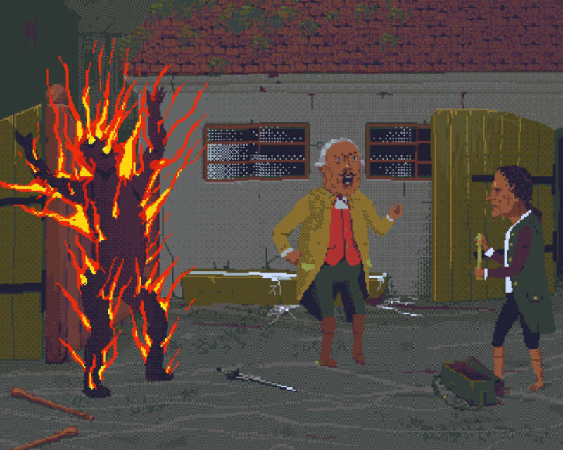 Obrazek przedstawia dramatyczną scenę utrzymaną w stylistyce retro pixel art, pochodzącą z gry detektywistycznej "The Case of the Golden Idol". Na pierwszym planie po lewej stronie widoczna jest mroczna, humanoidalna sylwetka całkowicie ogarnięta jaskrawymi, pomarańczowo-żółtymi płomieniami, która wydaje się zastygać w geście agonii. W centrum stoi starszy mężczyzna w żółtym surducie i czerwonej kamizelce, z wyrazem skrajnego przerażenia i niedowierzania na twarzy. Po prawej stronie znajduje się kolejna postać – szczupły mężczyzna w zielonym stroju, który z chłodnym, niemal złowrogim uśmiechem trzyma w dłoniach złoty posąg, przypominający berło lub idola. Całość rozgrywa się na szarym, sennym podwórzu przed budynkiem o spękanych ścianach i dachu pokrytym mchem, a na ziemi leżą porzucone przedmioty, takie jak szpada i laska, co sugeruje gwałtowny przebieg zdarzeń i nadprzyrodzoną naturę ukazanego morderstwa.