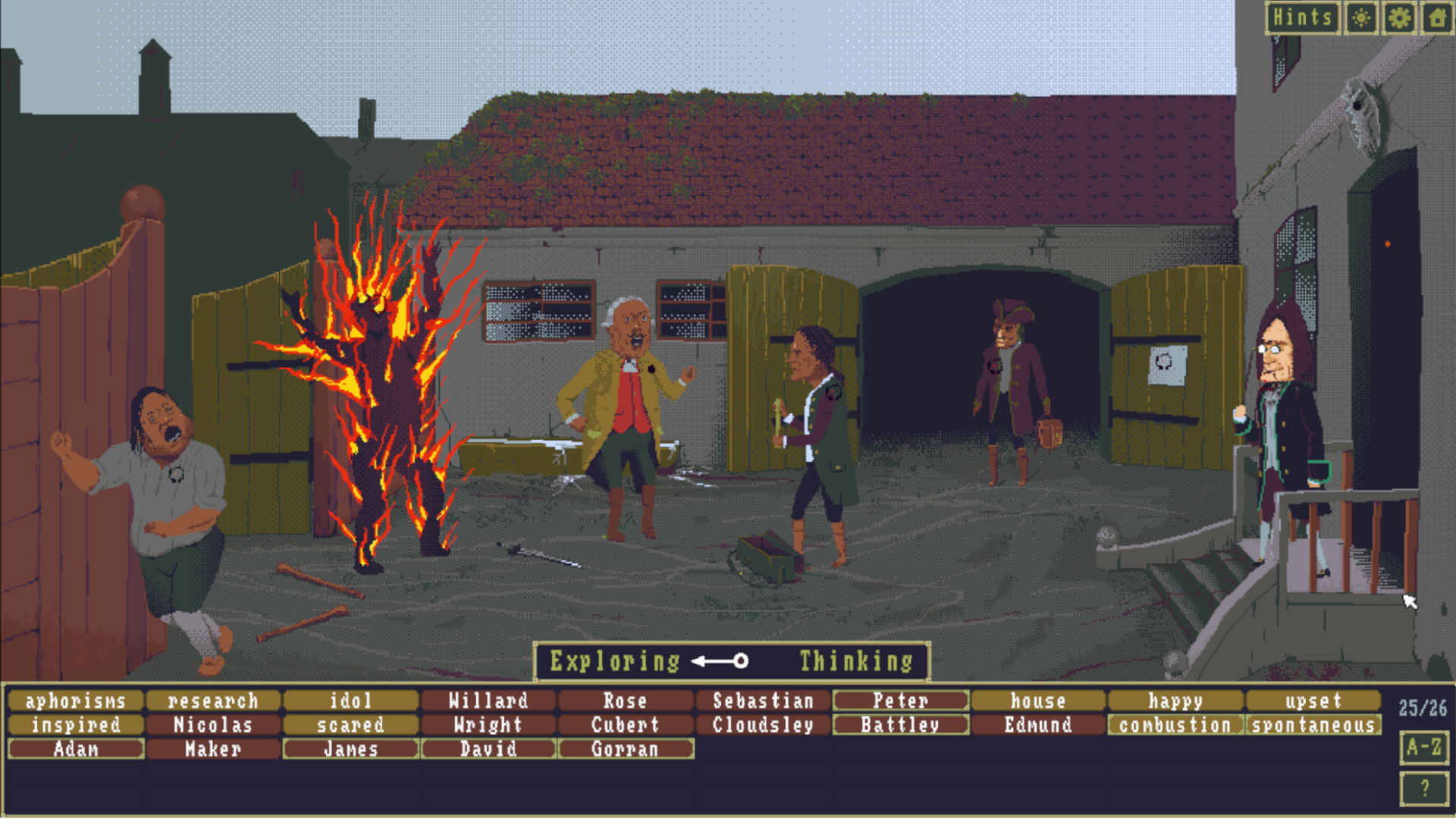 Na obrazku w stylu pixel art widać scenę rozgrywającą się na podwórzu lub w zagrodzie przed budynkiem z czerwonym dachem i otwartymi drzwiami prowadzącymi do ciemnego wnętrza. Po lewej stronie stoi płonąca, humanoidalna postać złożona z ognia, której płomienie unoszą się wysoko w górę. Naprzeciw niej znajduje się mężczyzna w żółtej kurtce, gestykulujący w sposób sugerujący zaskoczenie lub rozmowę, a obok niego drugi mężczyzna w ciemniejszym stroju trzyma w ręku przedmiot przypominający latarkę lub narzędzie. W tle, przy wejściu do budynku, stoi kolejna postać w płaszczu, trzymająca torbę. Na dole ekranu widoczny jest interfejs gry z przełącznikiem „Exploring ↔ Thinking” oraz paskiem z imionami postaci, co sugeruje, że jest to scena z narracyjnej gry detektywistycznej, w której gracz analizuje sytuację i relacje między bohaterami.