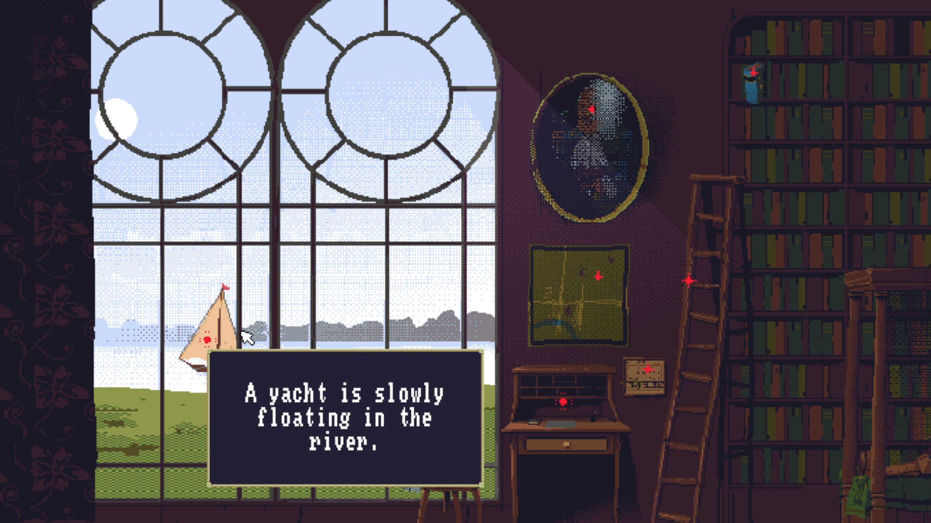 Na obrazku w stylu pixel art widać wnętrze nastrojowego pokoju o ciemnych, bordowych ścianach, z dużym, wysokim oknem zakończonym łukiem i podzielonym szprosami na geometryczne kształty, przez które widać jasne niebo oraz zarys rzeki w oddali. Na pierwszym planie znajduje się ciemna tablica z angielskim napisem „A yacht is slowly floating in the river.” Po prawej stronie stoi drewniane biurko z mapą zawieszoną na ścianie powyżej, na której zaznaczono punkty czerwonymi kropkami, obok wisi owalny portret postaci, a przy ścianie oparta jest drabina. Całość ma klimat spokojnej, lekko tajemniczej sceny z gry przygodowej lub detektywistycznej.