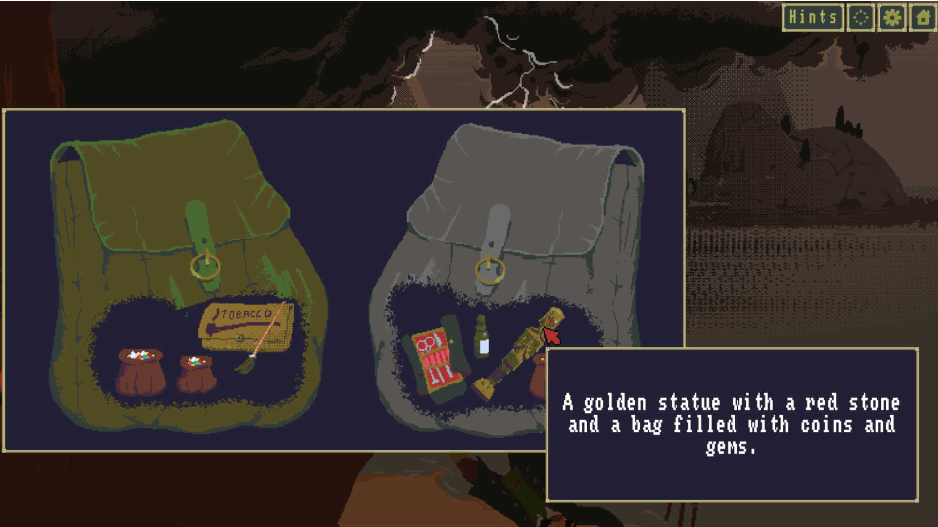 Na obrazku w stylu pixel art widać zbliżenie na zawartość plecaka przedstawioną w formie panelu interfejsu gry. Po lewej stronie znajduje się zielony plecak z przypiętą metką, a po prawej – otwarty, szary plecak z klapą, w którego wnętrzu widoczne są różne przedmioty: mała złota figurka, niewielka buteleczka, czerwone pudełko z napisem „PILL” oraz inne drobne obiekty. W prawym dolnym rogu znajduje się ciemne okienko z angielskim opisem zaczynającym się od słów „A golden statue and a bag filled…”, sugerującym opis znalezionych rzeczy. Całość ma estetykę retro gry detektywistycznej, w której gracz analizuje dowody i przeszukuje ekwipunek.