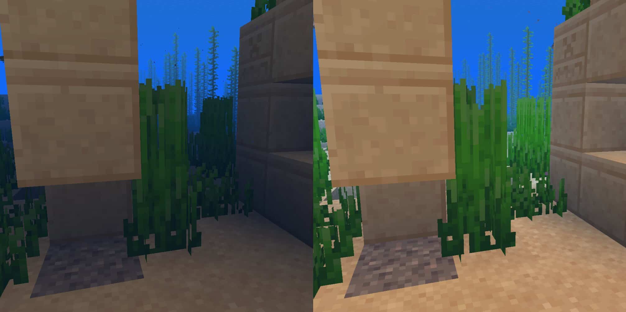Dwa zrzuty ekranu z gry Minecraft obok siebie, przedstawiające ten sam widok z wnętrza podwodnych ruin, obrazujące różnicę widoczności, kiedy gracz nie używa niczego, i kiedy jest pod wpływem mikstury noktowizji. Z lewej strony widok gracza jest przyciemniony, zabarwiony na niebiesko. Z prawej strony widok jest jasny i wyraźny. Gracz patrzy na fragment ruiny zbudowanej z jasnobeżowych bloków piaskowca. W tle widać ocean i rosnące wodorosty i trawę morską.