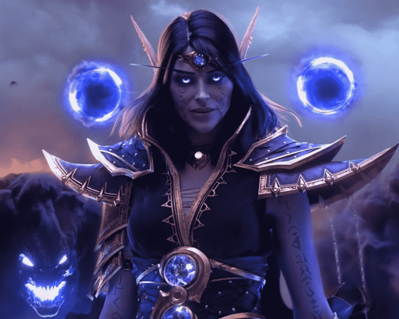 Postać elfki o fioletowej skórze stoi na pierwszym planie. Ma długie, ciemne włosy, spiczaste uszy i świecące, niebieskie oczy. Nosi ciemny, zdobiony pancerz z metalowymi elementami oraz magiczny klejnot na czole i na pasie. Po obu stronach jej głowy unoszą się dwie niebieskie kule energii. W tle widoczna jest mroczna sceneria oraz sylwetka bestii o świecących oczach. Grafika z gry World of Warcraft.