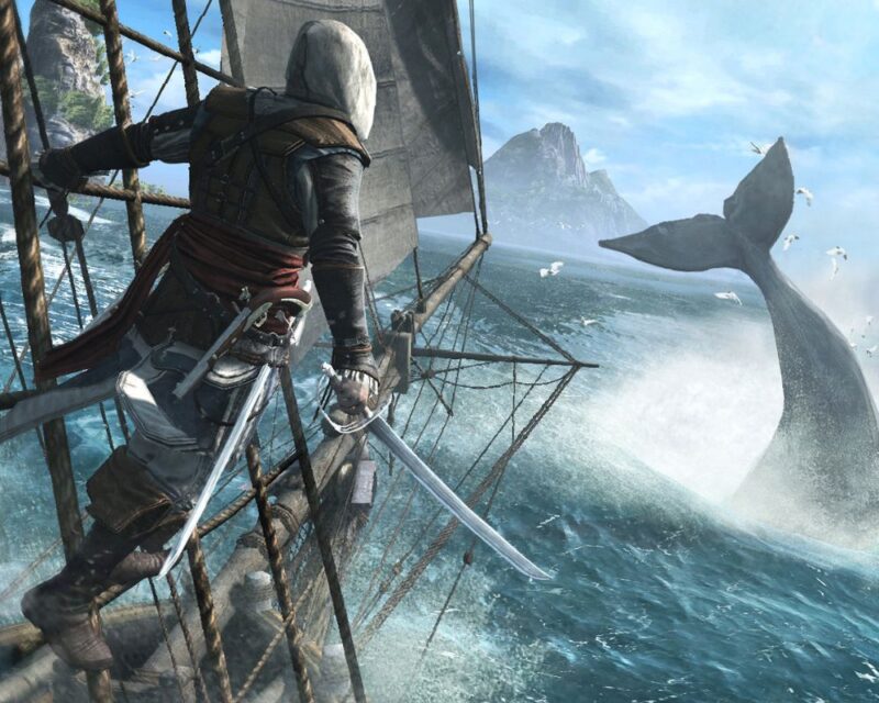 Edward Kenway na pokładzie statku w Assassin’s Creed IV: Black Flag obserwuje wieloryba wyskakującego z oceanu na Karaibach.