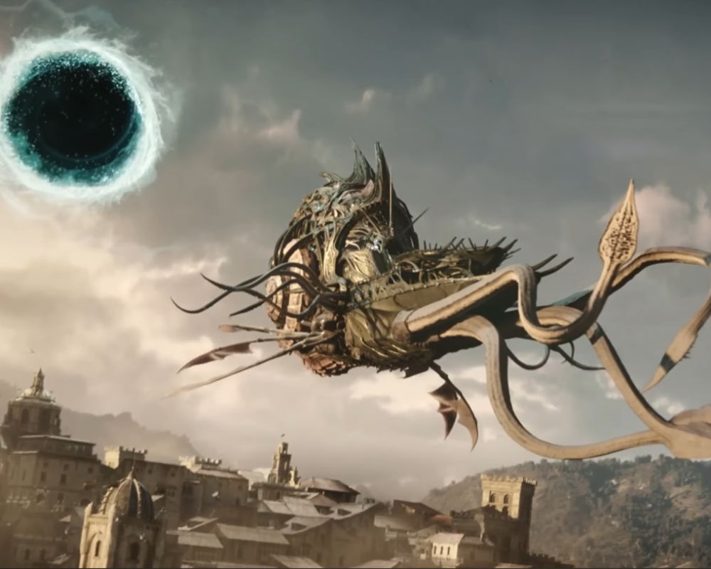 Tekst prezentuje fragment animacji, którą gracze mogli obejrzeć na początku Baldur's Gate 3. Ukazuje Nautiloida – okręt łupieżców umysłu, który płynie w powietrzu nad miastem. Za nim otworzył się ciemny portal z innego wymiaru, przez który w następnej kolejności wyleciały smoki.