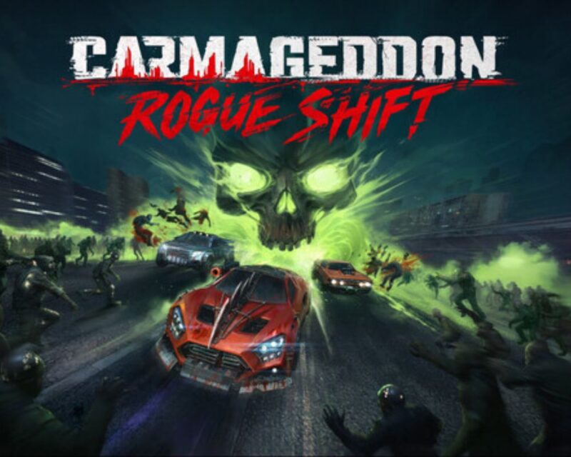 Plakat gry wideo Carmageddon: Rogue Shift przedstawiający dynamiczną scenę na nocnej ulicy miasta. Na pierwszym planie czerwony, sportowy samochód pędzi w stronę widza, roztrącając otaczające go postacie przypominające zombie. W tle widać inne auta oraz zarys budynków. Nad całą sceną unosi się ogromna, zielona, świecąca czaszka z intensywnym światłem w oczach, co nadaje obrazowi mroczny, apokaliptyczny klimat. Tytuł gry znajduje się u góry – „Carmageddon” białymi, postarzanymi literami oraz „Rogue Shift” czerwonym, dynamicznym krojem pisma.