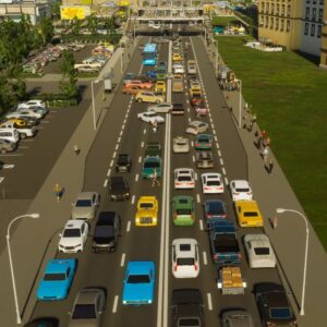 Zrzut ekranu z gry Cities: Skylines 2. Obrazek prezentuje zatłoczoną drogę, na której pojazdy, jak i piesi zachowują się absurdalnie, albo zawracając w korku, albo przebiegając przez jezdnię między samochodami. To obrazuje chaos, jaki panuje w grze.