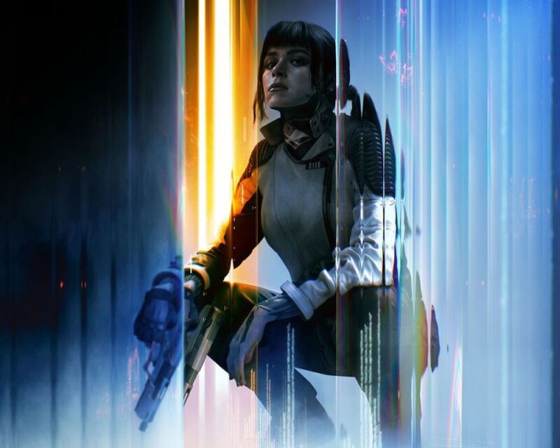 Emma Kagan, postać z CoD: Black Ops 7. Ubrana w futurystyczną zbroję z pistoletem, kuca na tle neonów w barwach błękitu, czerni i pomarańczy. Zachowany jest cyberpunkowy klimat.