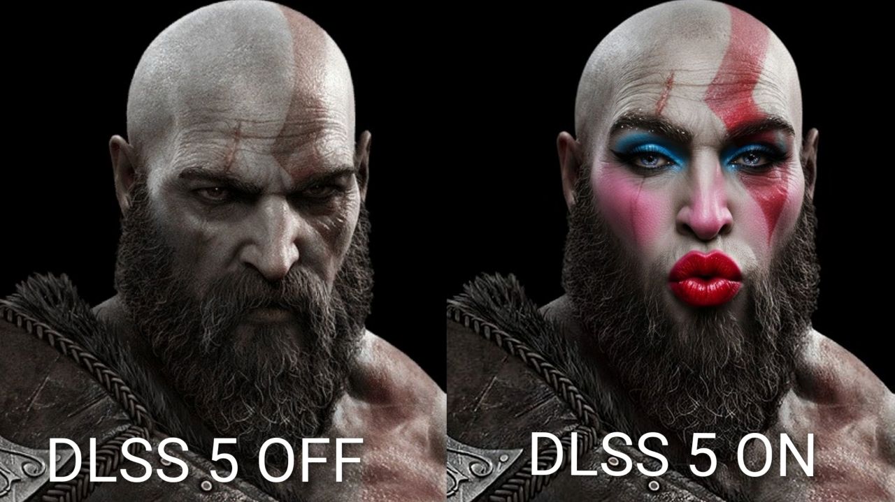 Grafika podzielona na dwie części przedstawiająca Kratosa z serii God of War: po lewej stronie jego surowy, realistyczny wizerunek — łysy, muskularny mężczyzna z gęstą brodą, bladą skórą, charakterystycznym czerwonym tatuażem biegnącym przez głowę i twarz oraz widoczną blizną, podpisany „DLSS 5 OFF”; po prawej ta sama postać z wyraźnie zmienionym wyglądem — nienaturalnie wygładzoną skórą i intensywnym makijażem (mocne cienie do powiek, róż na policzkach, jaskrawoczerwone usta), podpisana „DLSS 5 ON”, co ilustruje przerysowany efekt działania technologii.