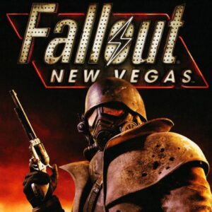 grafika promująca grę Fallout: New Vegas, przedstawia postać w skórzanym, brudnym brązowym płaszczu, na rękach ma ubrane czarne rękawiczki i w prawej dłoni trzyma rewolwer, na głowie brudny hełm, twarz zakrywa maska z czerwonymi szkłami w miejscu oczu, nad postacią napis Fallout New Vegas przypominający neon w czerwonej ramce
