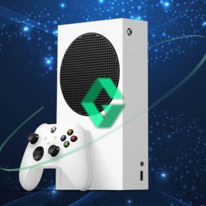Biała konsola Xbox Series S z kontrolerem i logo Gaming Copilot na nowoczesnym, niebieskim tle. Ilustracja zapowiada Gaming Copilot na konsolach Xbox Series X|S