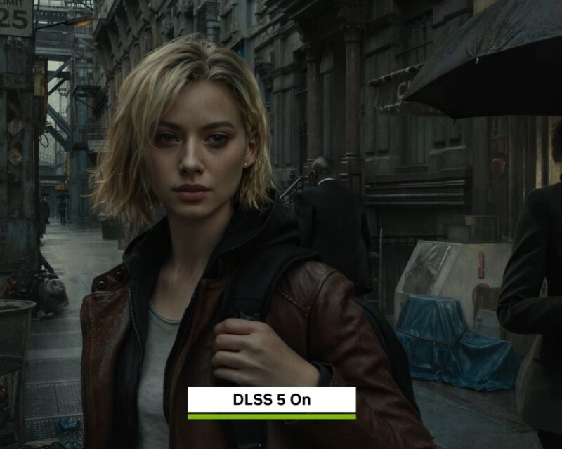 Grace z Resident Evil Requiem, młoda kobieta o krótkich blond włosach i jasnej cerze, stoi na mokrej, deszczowej ulicy w miejskiej zabudowie; ma na sobie brązową skórzaną kurtkę, jasny t-shirt i plecak przewieszony przez ramię, w tle widoczne są budynki, przechodnie i elementy ulicznej infrastruktury — obraz przedstawiony z wykorzystaniem najnowszej technologii NVIDIA DLSS 5, zapewniającej wysoką szczegółowość i ostrość detali.