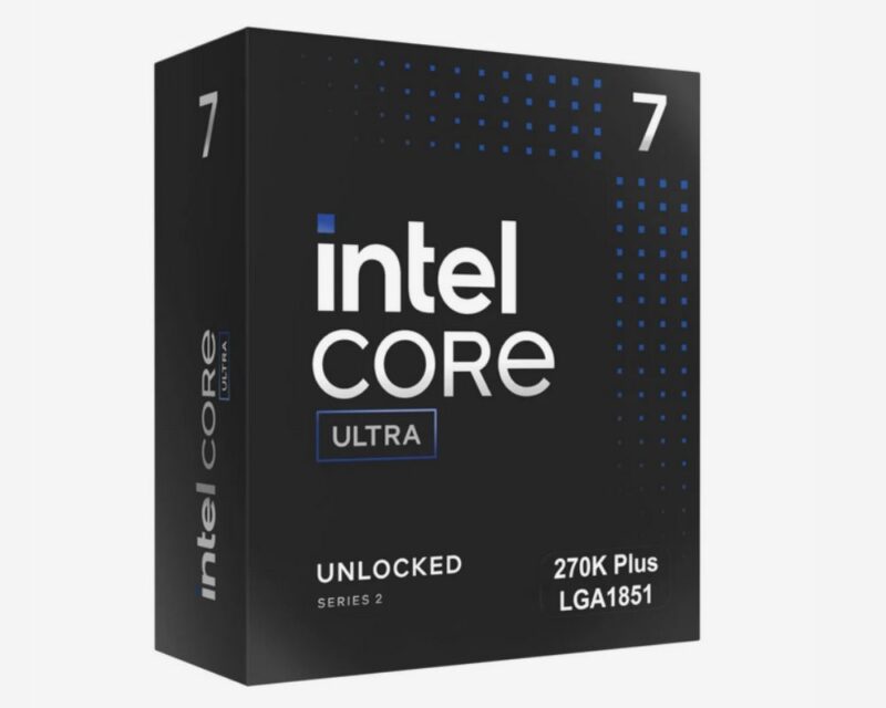 Czarne pudełko procesora Intel Core Ultra 7 270K Plus na białym tle