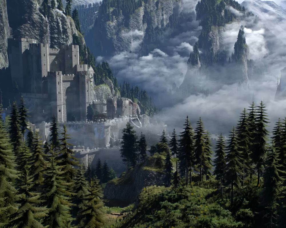 Grafika prezentuje twierdzę Kaer Morhen. Na pierwszym planie widać lasy otaczające pnącą się wysoko fortecę. W tle widać spowite chmurami góry.