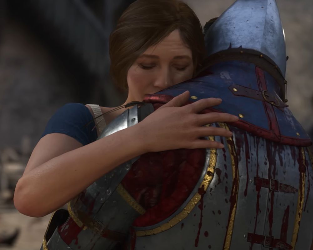 Ujęcie prezentuje Katarzynę, jedną z towarzyszek w grze Kingdom Come: Deliverance 2, kiedy obejmuje Henryka po bitwie.