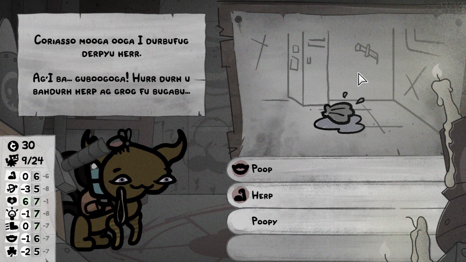 Brązowy kot stojący przed wyborem kilku opcji. Nad kotem widoczna jest dhmurka tekstu, jednak tekstu nie da się odczytać. Tak samo jak wyborów, które może podjąć kot. Oprócz tego jedynym widocznym obrazkiem jest mała muszelka, która prawdopodobnie ma coś wspólnego z wydarzeniem