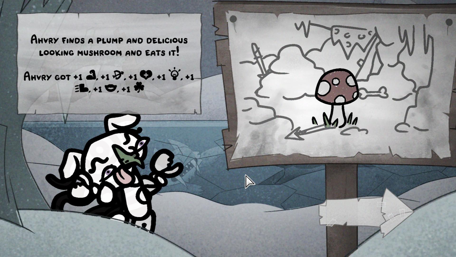 Kot cieszący się z pozytywnego efektu losowego wydarzenia. Widoczny jest napis o tym, co, się wydarzyło, obok kota stoi obrazek, który ma pomóc zobrazować nam to, co się wydarzyło. W tym przypadku obrazkiem jest mały czerwony grzybek