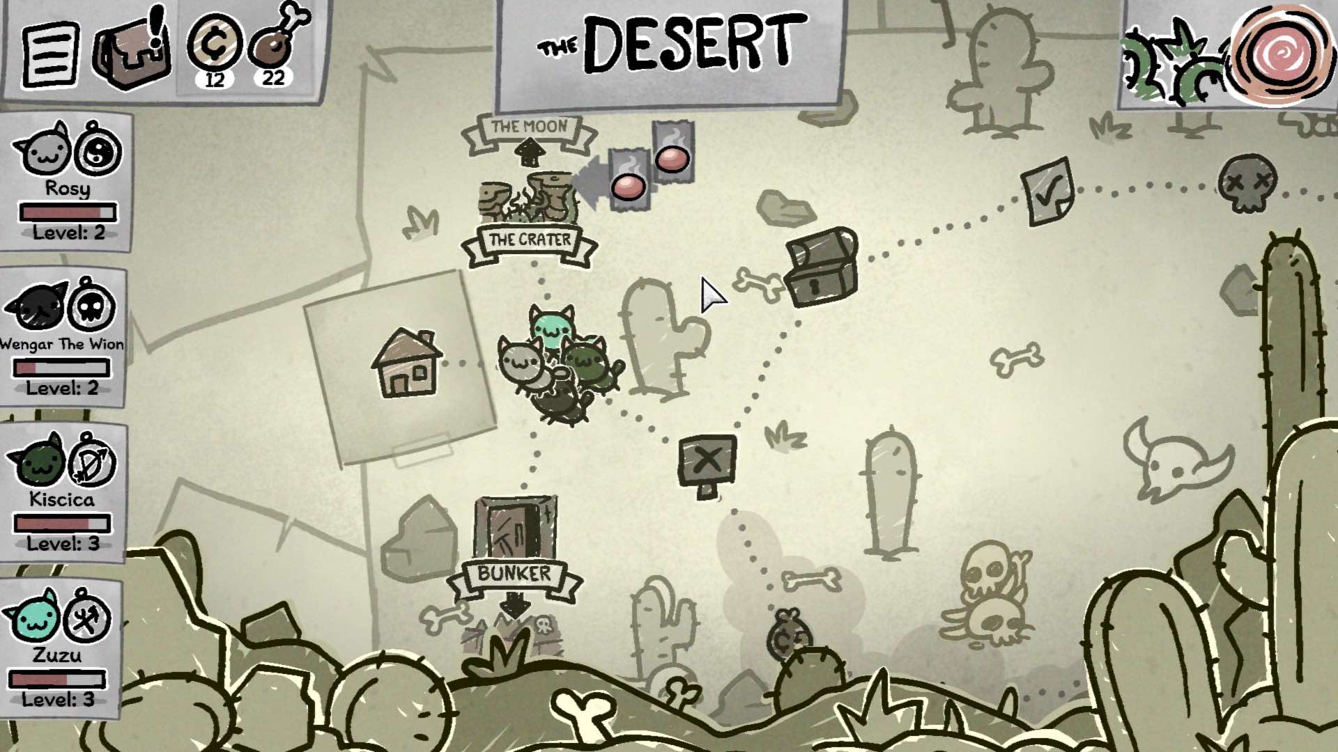 Mapa składająca się z kilku punktów i kilku ścieżek. Widoczna jest przebyta droga kotów, a przed nimi po lewej widać ikonę domku. Dalej kotki mają do wyboru kilka sćieżek. Sama mapa zdobiona jest bardzo prostymi rysunkami, a na górze widoczny napis ,,Desert’’.
