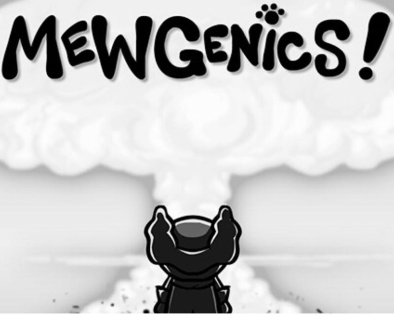 Sylwetka naukowca z włosami uniesionymi do góry, wpatrująca się na grzyb atomowy widoczny w oddali. Na koronie grzyba znajduje się napis Mewgenics zrobiony nietypową, prostą czcionką