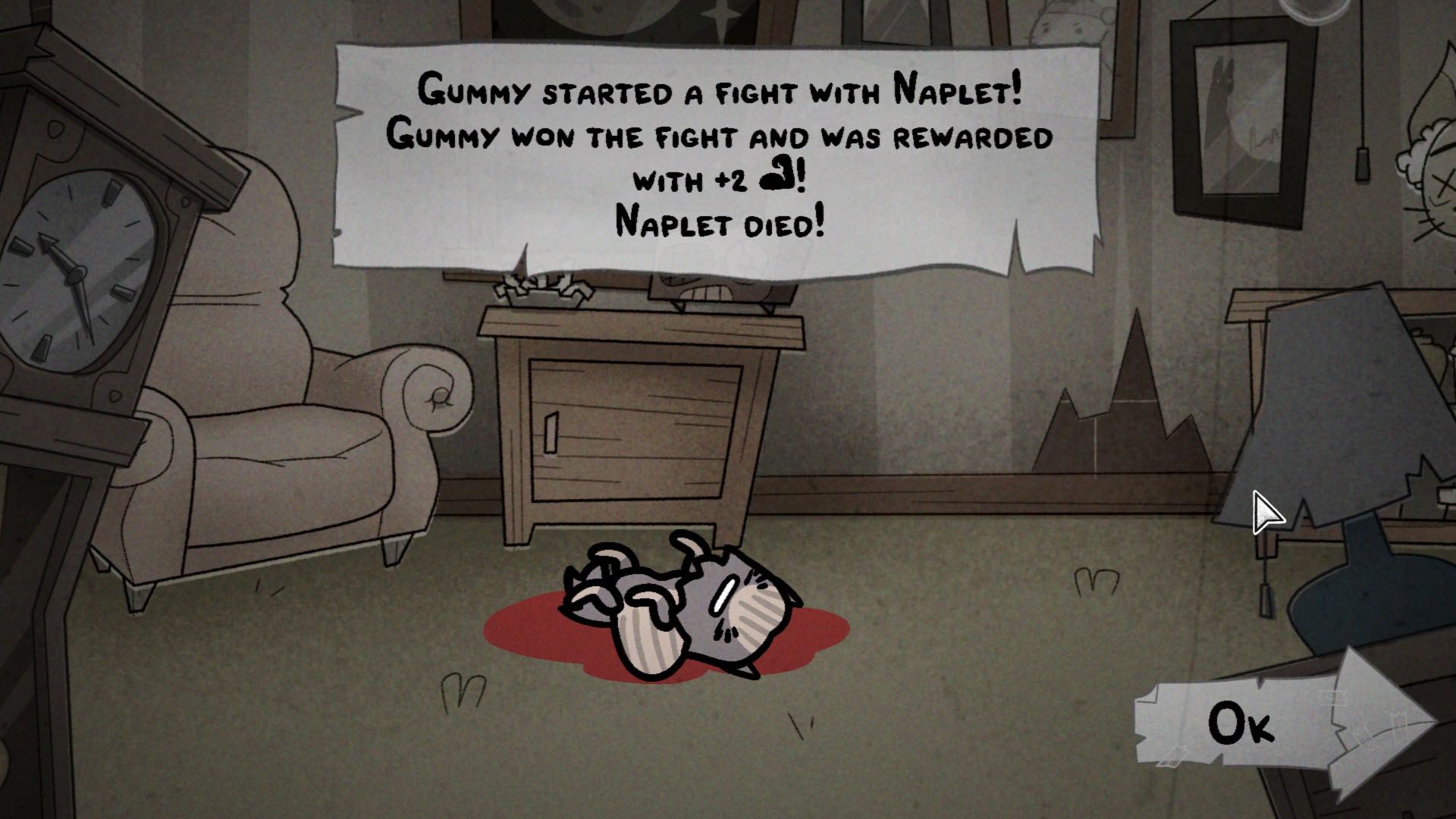 Leżący na podłodze w plamie krwi martwy kot. Na górze informacja mówiąca o tym, że kot przegrał walkę z innym kotem w hodowli i umarł